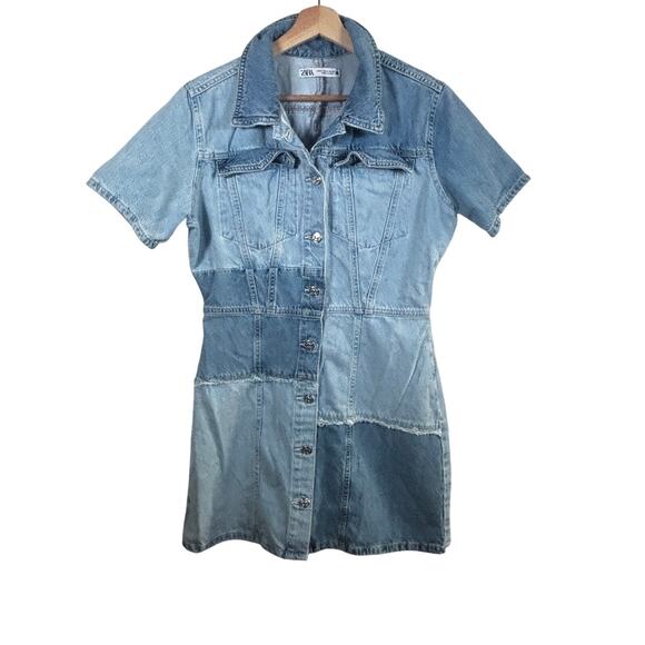 Zara Women’s Patchwork Denim Dress Blue Collared Button Down XL - Picture 3 of 5